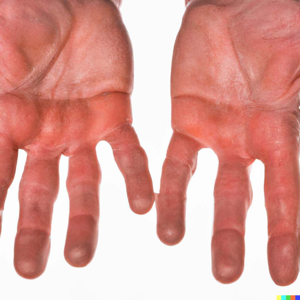 Knorrige Finger - die Abstände an der Handfläche sind verdächtig  groß.